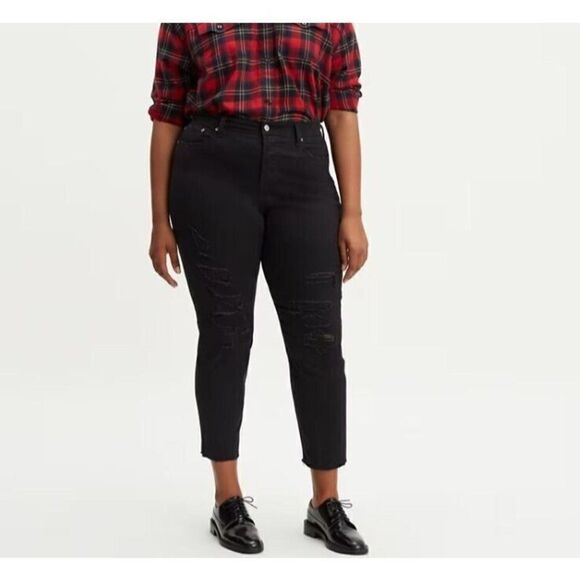 Levi's 501 High Rise Wedgie Skinny Button Fly Jeans‎ Black Distressed Plus 24W - Picture 1 of 14